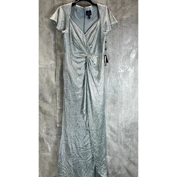 ADRIANNA PAPELL Women's Sea Glass Metallic Mesh Twist Short Sleeve Maxi Gown SZ6 - Picture 2 of 14